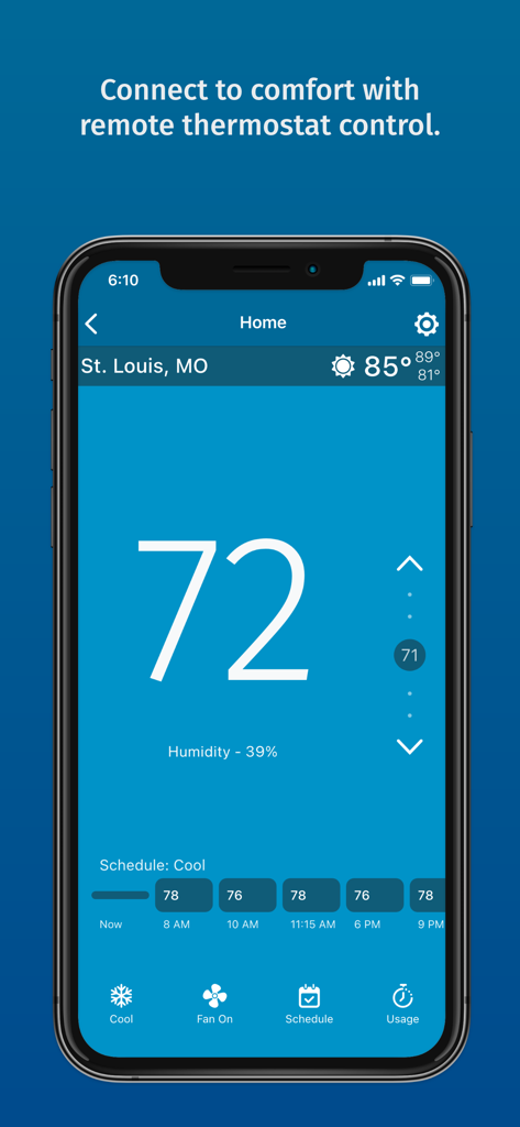 Sensi - Sensi mobile app interface showing current indoor temperature humidity levels and cooling schedule