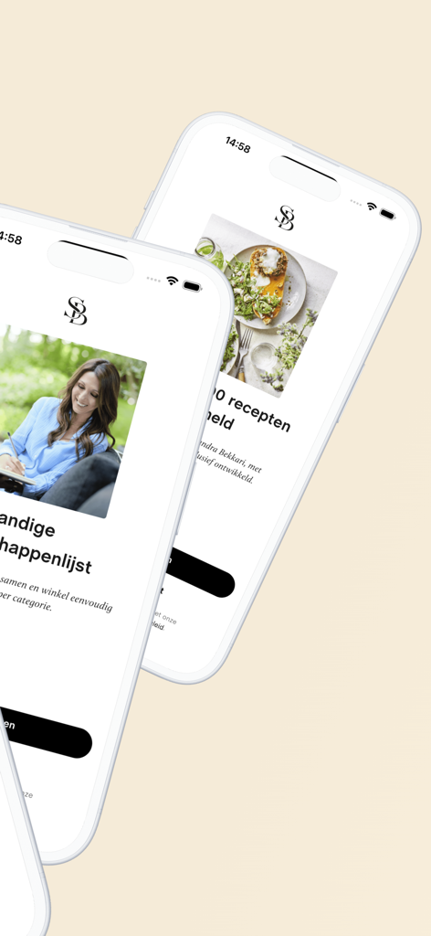Recepten van Sandra - Deux iPhones affichant les écrans de l'application Recepten van Sandra avec des recettes saines et une liste de courses.