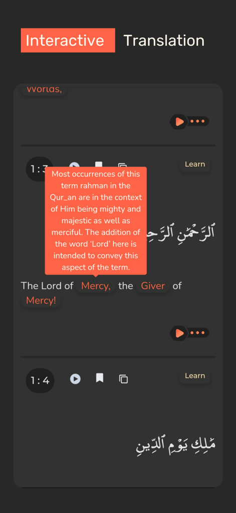QuranHive - QuranHive app showing interactive translation with word meaning popup