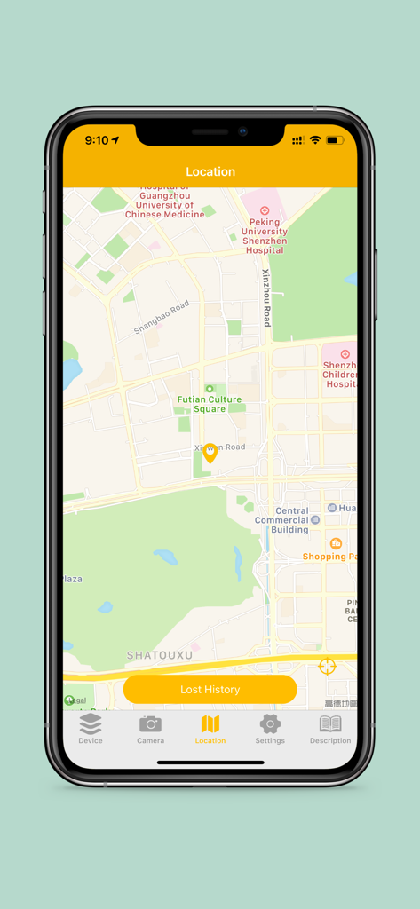 iSearching - L'interface de l'application mobile iSearching affiche une carte avec une épingle de localisation et un bouton pour l'historique des fichiers perdus.
