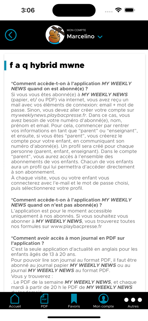 My Weekly News - FAQ section of the My Weekly News app providing information on subscriptions and content access in French