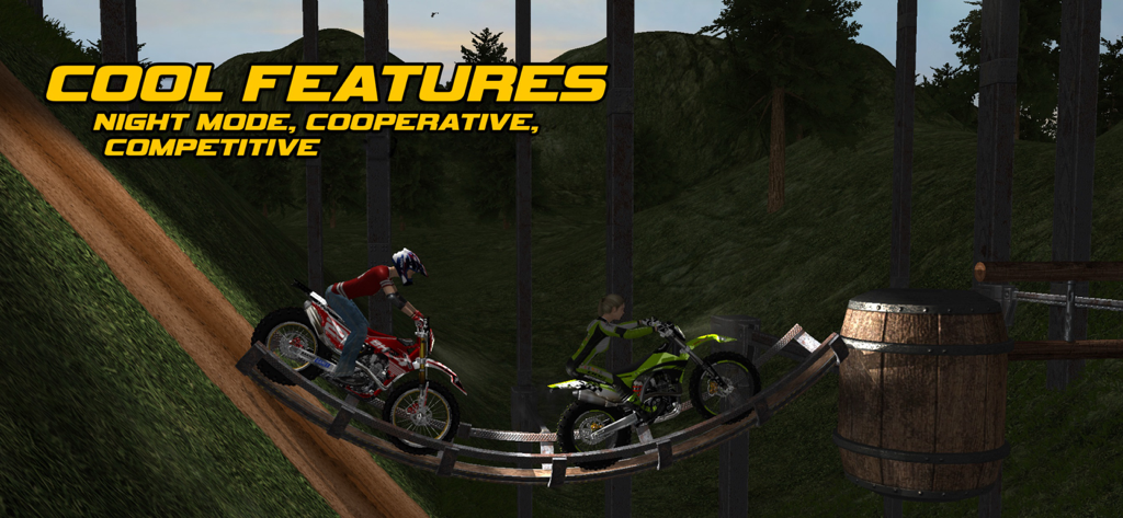 Motorbike - Two players racing motorbikes on a wooden track during night mode