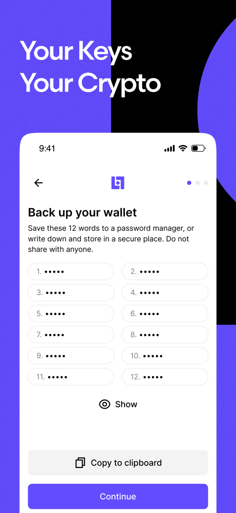 Leo Wallet - For Aleo - Leo Wallet screen for backing up Aleo cryptocurrency recovery phrase