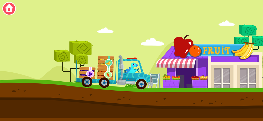 Ein blauer Dinosaurier fährt einen Lieferwagen, beladen mit Obstkisten, zu einem bunten Obstladen.