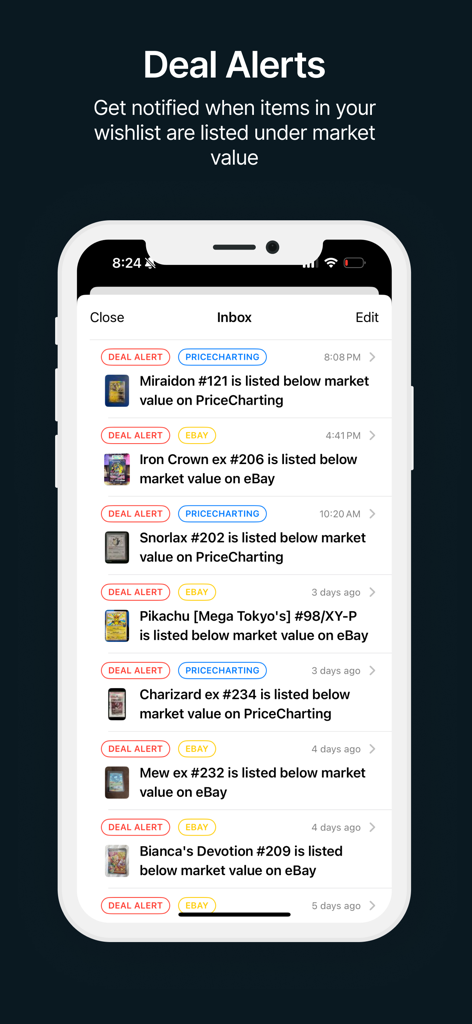 PriceCharting mobile app interface showing deal alerts for collectible trading cards