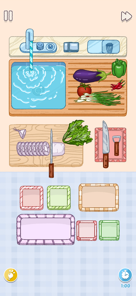 Perfect Clean: Tidy ASMR - Pantalla de juego de Perfect Clean Tidy ASMR mostrando tareas de organización y limpieza de cocina con verduras y un fregadero.
