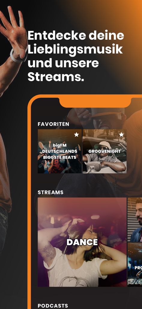 bigFM Radio - Interfaccia dell'app bigFM Radio che mostra stream musicali come Dance e Groovenight con tema scuro e accenti arancioni