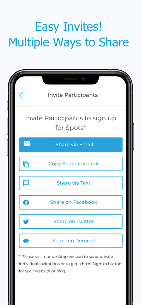 SignUp.com mobile app screen showing multiple invitation options like email, text, and social media links
