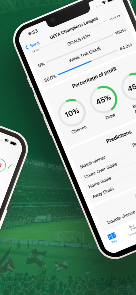 Sport Bet Tips Match - BetAll - Mobile app interface for BetAll showing soccer match stats and betting predictions