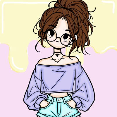 girl with a messy ponytail glasses a baggy crop top and jean shorts