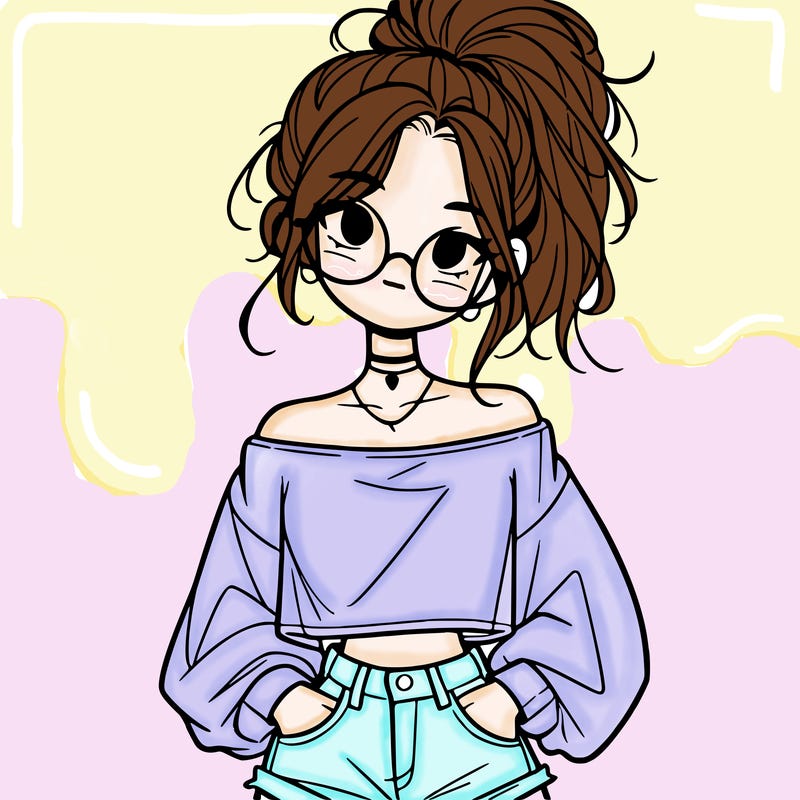 girl with a messy ponytail glasses a baggy crop top and jean shorts