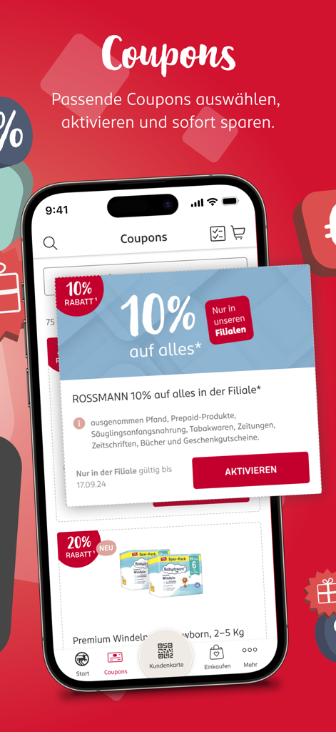 Um smartphone a mostrar a interface de cupões da aplicação Rossmann com um pop-up de 10 por cento de desconto e várias ofertas de produtos.