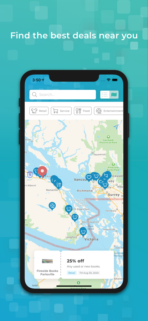 Deals - Ein Smartphone-Bildschirm zeigt die Kartenansicht der Angebots-App mit verschiedenen Rabatt-Pins in ganz British Columbia und einem Buchrabatt von 25 Prozent.
