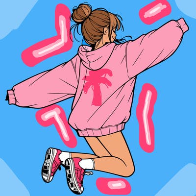 realistic girl jumping with a bun and oversized sweatshirt