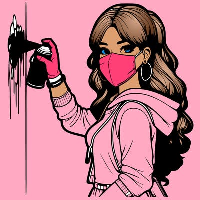 realistic girl with mask spray painting a wall