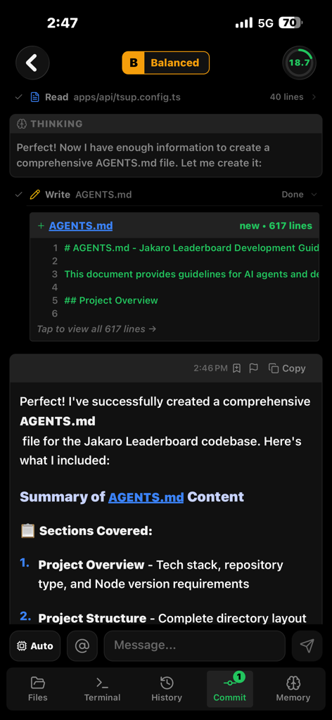 Sifr IDE - Mobile interface of Sifr IDE showing an AI assistant generating documentation for a project.
