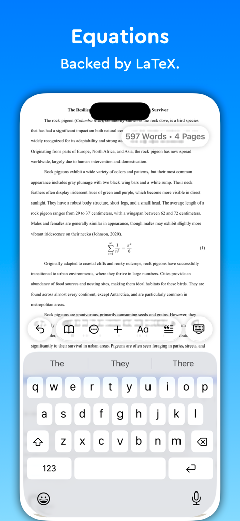 Essayist: Academic Writing App - Essayist app interface displaying a LaTeX equation within an academic paper on an iPhone