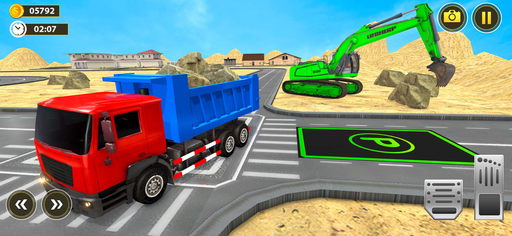 Heavy Excavator Dump Truck 3D - Gameplay de Heavy Excavator Dump Truck 3D mostrando um caminhão basculante vermelho e uma escavadeira verde em um canteiro de obras.