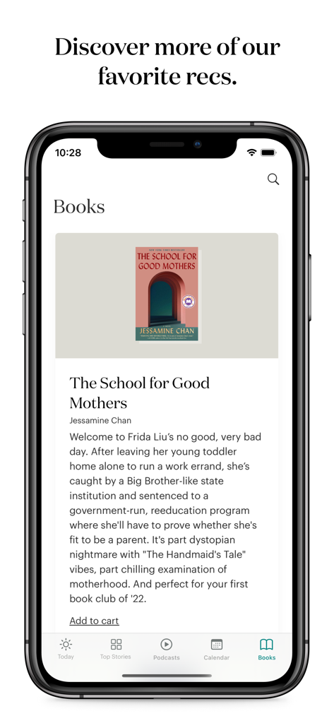 theSkimm - theSkimm mobile app screen displaying a curated book recommendation for The School for Good Mothers