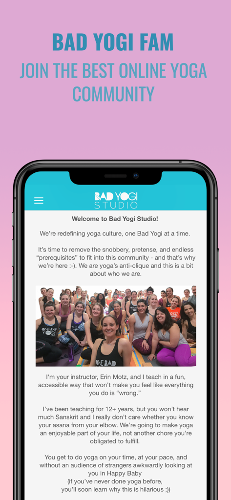 The welcome screen of the Bad Yogi Studio app featuring the instructor and a group of students