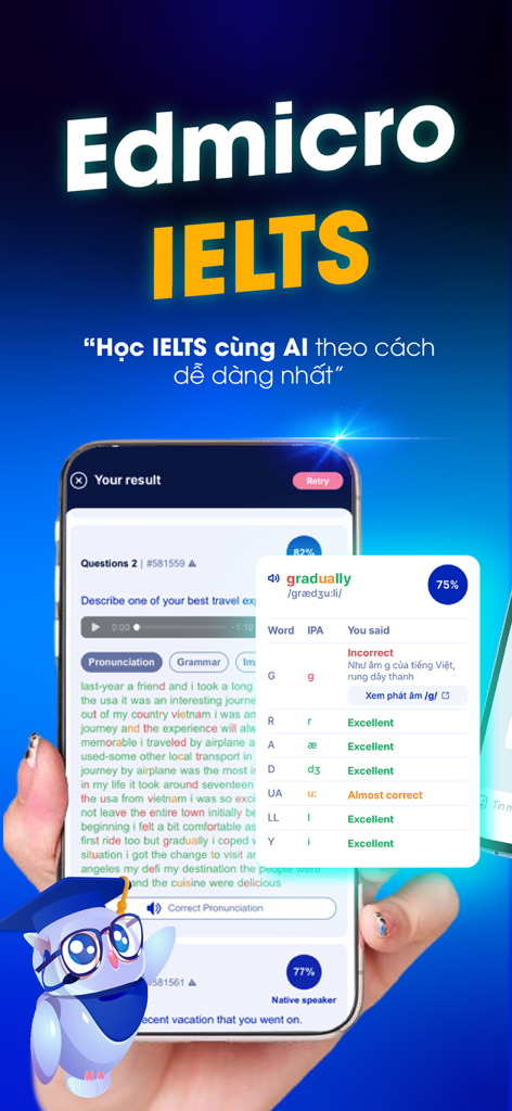 Edmicro IELTS - Edmicro IELTS app interface showing detailed AI feedback on English pronunciation for Vietnamese learners