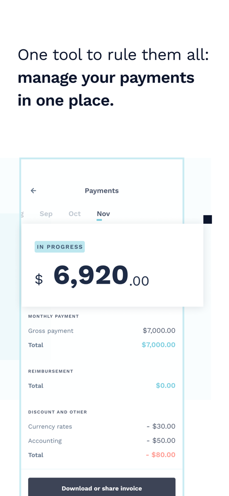 Uma captura de tela da tela de pagamentos do aplicativo Revelo Go mostrando um resumo dos ganhos mensais e a opção de baixar uma fatura