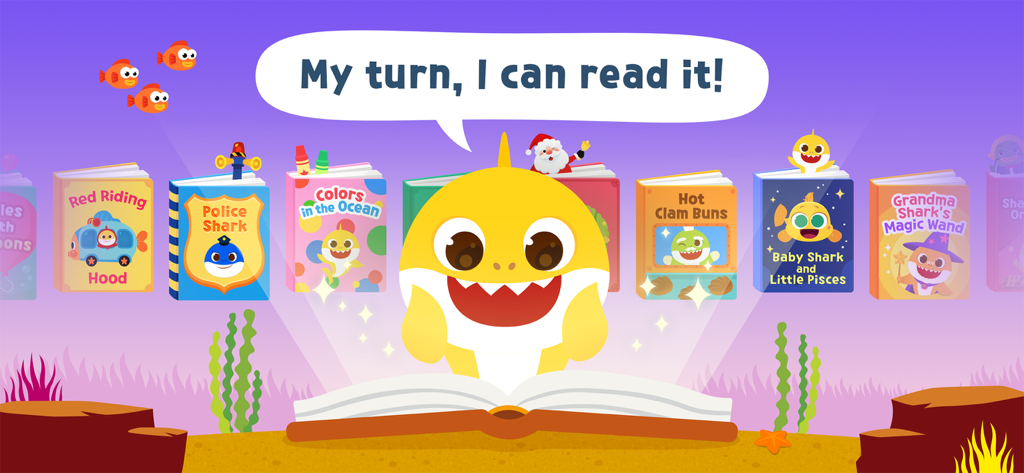 Pinkfong Baby Shark Storybook - Baby Shark character presenting a library of interactive digital storybooks for toddlers and preschoolers.