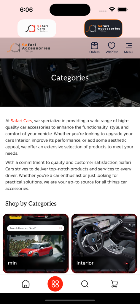 Safari Cars - Tela de seleção de categoria do aplicativo Safari Cars para acessórios de carro e listagens de veículos