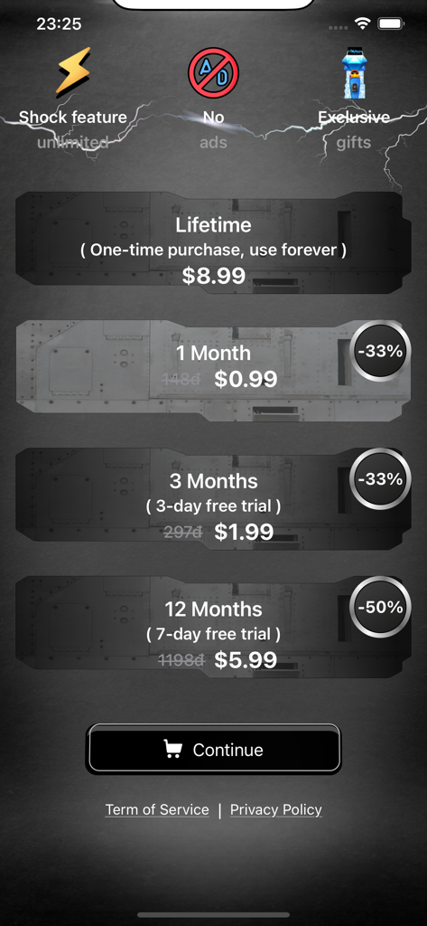 Prank Shock Friends - Subscription pricing screen for the Prank Shock Friends app displaying various membership options and features