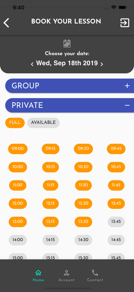 EC Pro (UK) - Interface of the EC Pro app showing a calendar and time slots to book a private or group horse riding lesson.