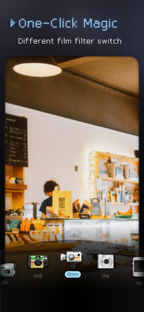 OldReel - Vintage Camcorder - Interfaz de la aplicación old reel que muestra filtros de cámara vintage con una foto granulada de una cafetería