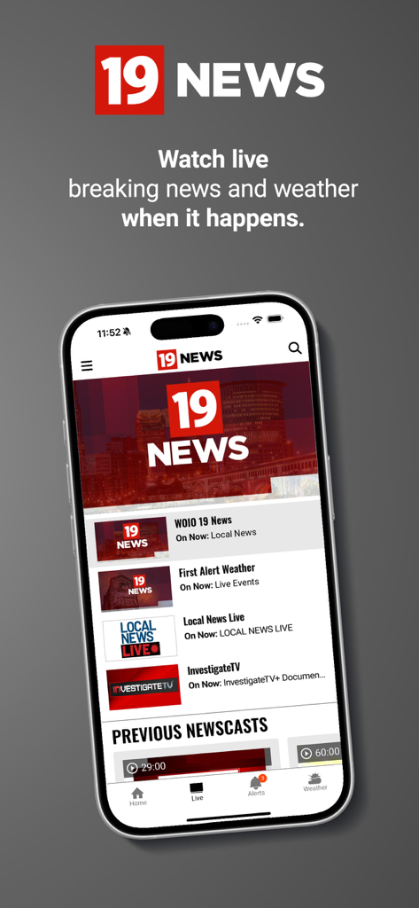 WOIO Cleveland 19 News - Smartphone displaying the WOIO Cleveland 19 News app interface with live news and weather updates.