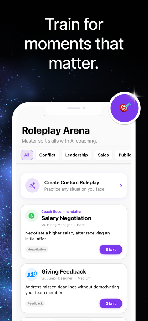 Skillbase AI Soft Skills Coach - Interface do aplicativo Skillbase AI mostrando a Arena de Roleplay com cenários de treinamento para negociação salarial e dar feedback.