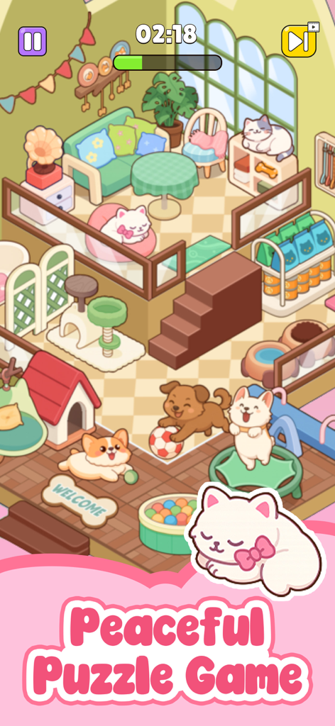 Dream Room Decor - Juego de puzzle pacífico con una habitación acogedora llena de gatos y perros lindos