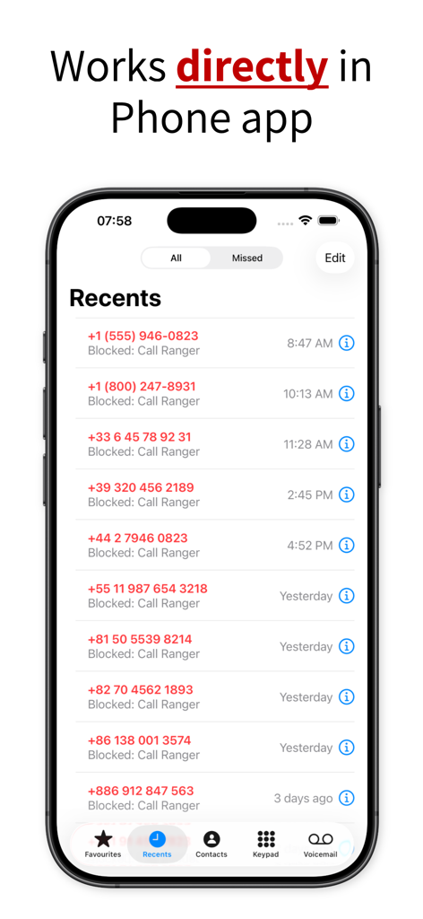 Call Ranger: Mass Call Blocker - Screenshot showing Call Ranger blocked numbers integrated directly into the iPhone recent calls list