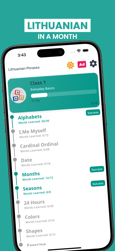 Learn Lithuanian Language - Une interface d'application mobile montrant une liste de leçons de langue lituanienne avec des barres de progression et des catégories comme les alphabets et les bases de la vie quotidienne.