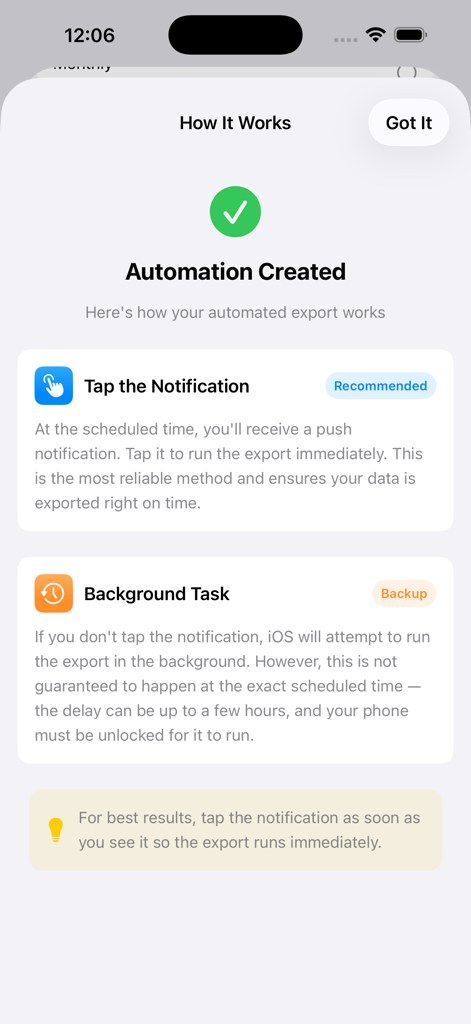Health Data Export - Automation created confirmation screen explaining how scheduled health data exports work through push notifications and background tasks