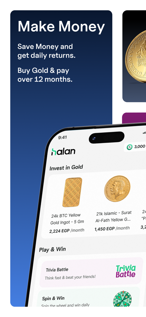 Mobile app interface of Halan showing gold investment products and trivia games