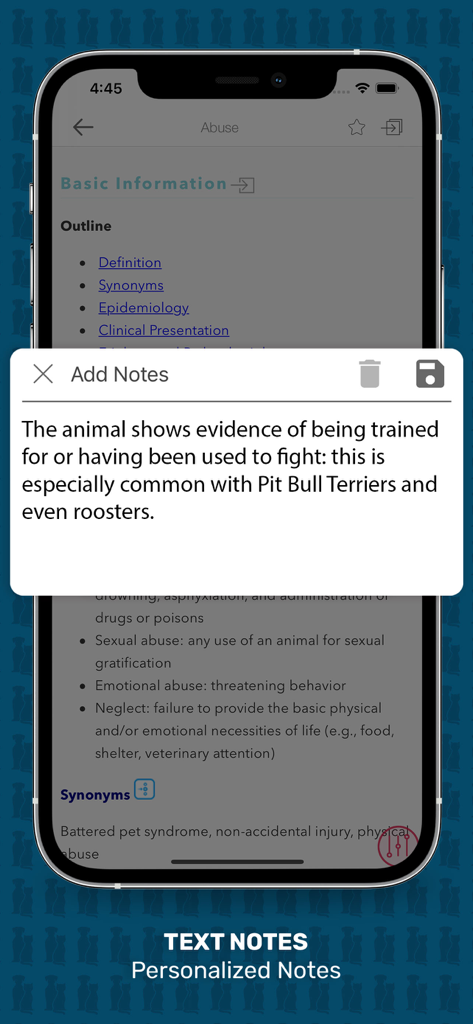 Veterinary Advisor app interface showing the personalized text notes feature on a smartphone