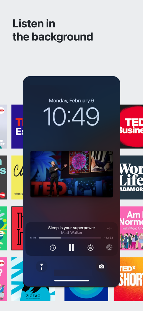 TED app showing background audio playback on an iPhone lock screen