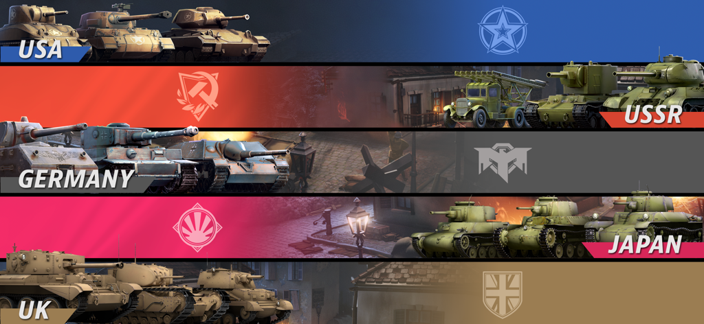 World War Armies: WW2 PvP RTS - Banners showing historical tanks and emblems for USA USSR Germany Japan and UK factions in World War Armies