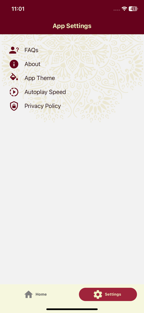 The app settings screen of iQra Pro For Schools featuring menu options for FAQs and playback speed