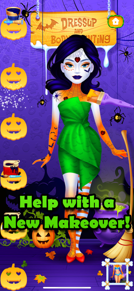 Halloween Makeover Simulator - Spooky girl character receiving a face paint and body art makeover in a Halloween simulator game