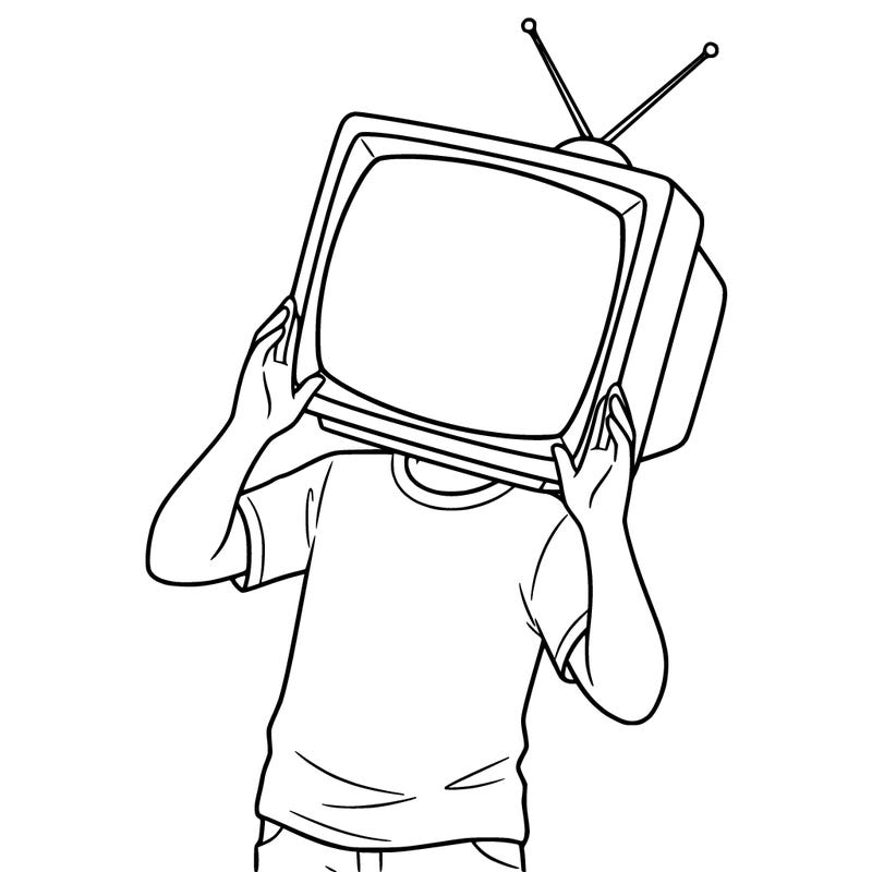 a boy with a square tv head with his hands trying to cover the screen