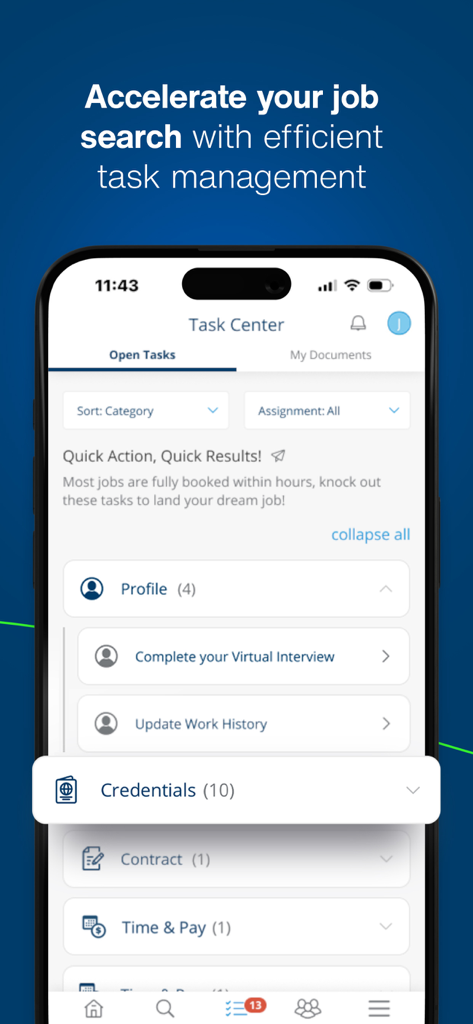 Schermata del Centro Attività dell'app mobile AMN Passport che mostra le categorie di gestione per credenziali del profilo, contratti e pagamenti.
