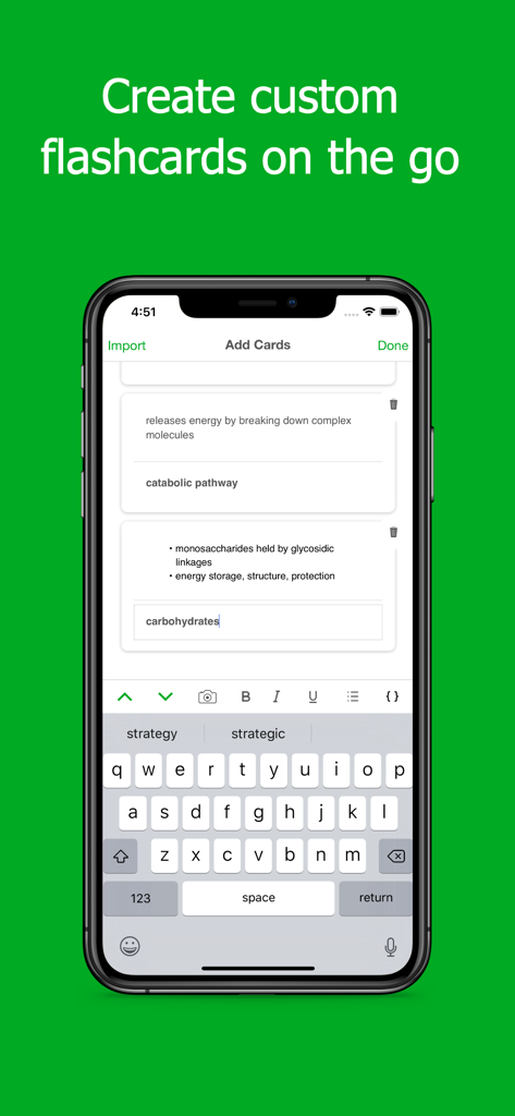 Flashcards Maker Flash Cards - Mobile Benutzeroberfläche, die zeigt, wie unterwegs neue Biologie-Karteikarten erstellt und formatiert werden