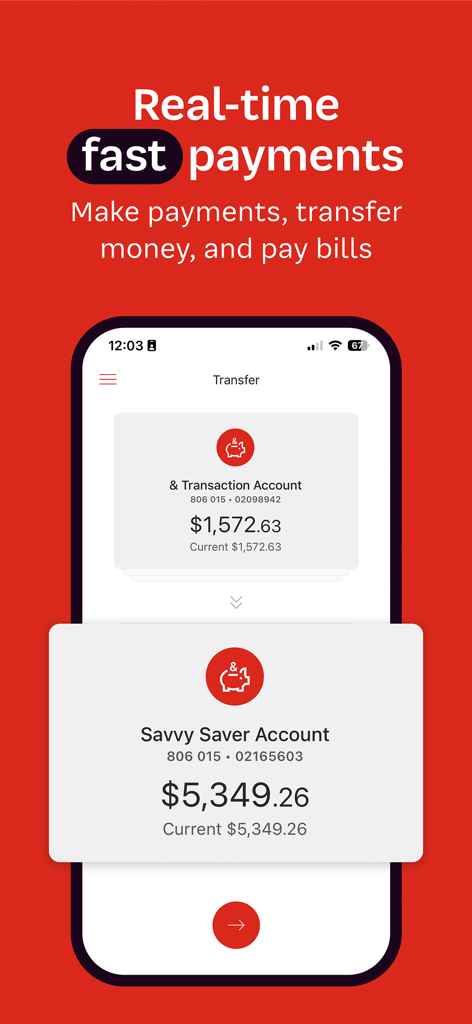 Interface do aplicativo móvel PN Bank mostrando pagamentos em tempo real e transferências de fundos entre contas