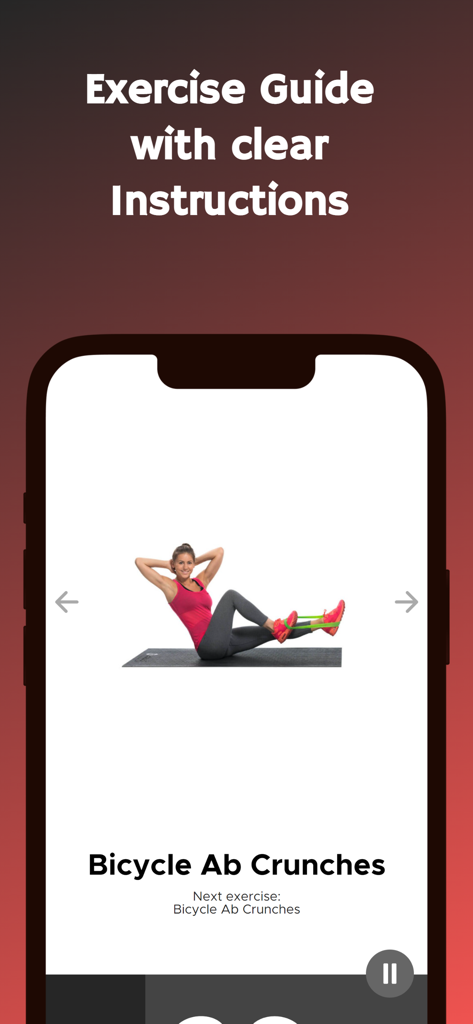 Resistance Band Workout Plan - Bildschirm einer mobilen App, der eine Frau zeigt, die Fahrrad-Bauch-Crunches mit einem Widerstandsband demonstriert