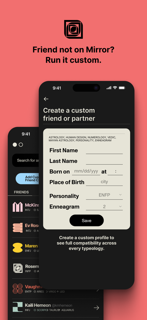 Mirror Personality + Astrology - Interfaz para crear un perfil personalizado de amigo o pareja para ejecutar informes de compatibilidad utilizando astrología y tipos de personalidad