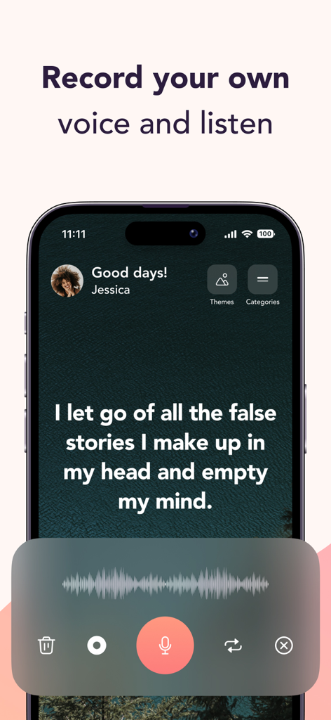 Mantra - Daily Affirmations - Mantra app interface showing a voice recording feature for a daily affirmation.